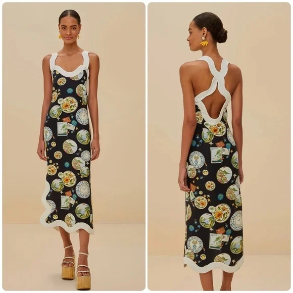 New! FARM RIO Souvenir Wave Midi Linen Dress 🧳☀️🌊 XS NWT! - Picture 2 of 16
